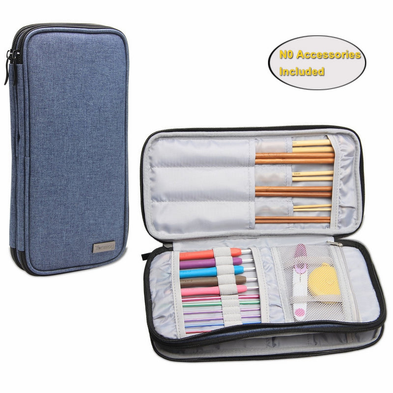 Teamoy Knitting Needles Case(up to 10-Inch), Travel Organizer Storage Bag for Circular and Straight Knitting Needles, Crochet Hooks and Knitting Accessories, Dark Blue-NO ACCESSORIES INCLUDED