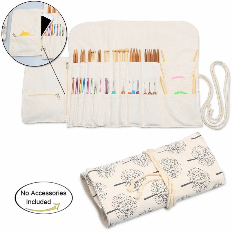Teamoy Knitting Needles Holder Case(up to 11 Inches), Cotton Canvas Rolling Organizer for Straight and Circular Knitting Needles, Crochet Hooks and Accessories, Tree -NO ACCESSORIES INCLUDED