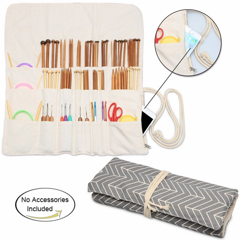 Teamoy Knitting Needles Holder Case(up to 14 Inches), Cotton Canvas Rolling Organizer for Straight and Circular Knitting Needles, Crochet Hooks and Accessories, Gray -NO ACCESSORIES INCLUDED