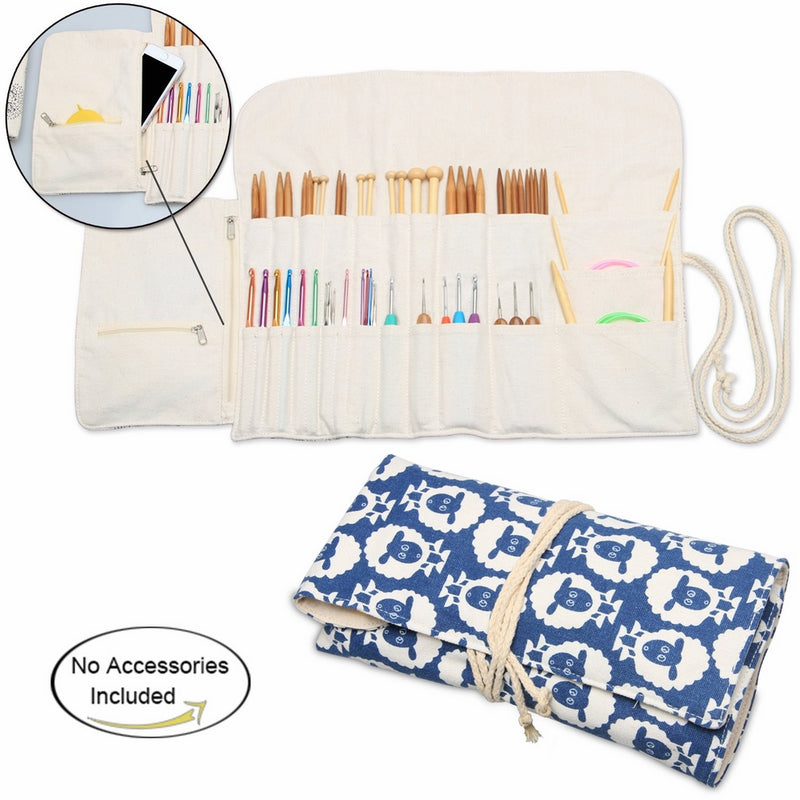 Teamoy Knitting Needles Holder Case(up to 11 Inches), Cotton Canvas Rolling Organizer for Straight and Circular Knitting Needles, Crochet Hooks and Accessories, Sheep -NO ACCESSORIES INCLUDED