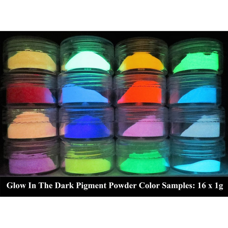 PRESTIGE GLOW IN THE DARK PIGMENT POWDER. LONGEST LASTING GLOW IN THE DARK POWDER. RECOMMENDED FOR ALL COLORLESS MEDIUM. INK. PAINT. PLASTIC RESIN. GLASS. ETC... (16g (16 x 1g), Sample Pack)