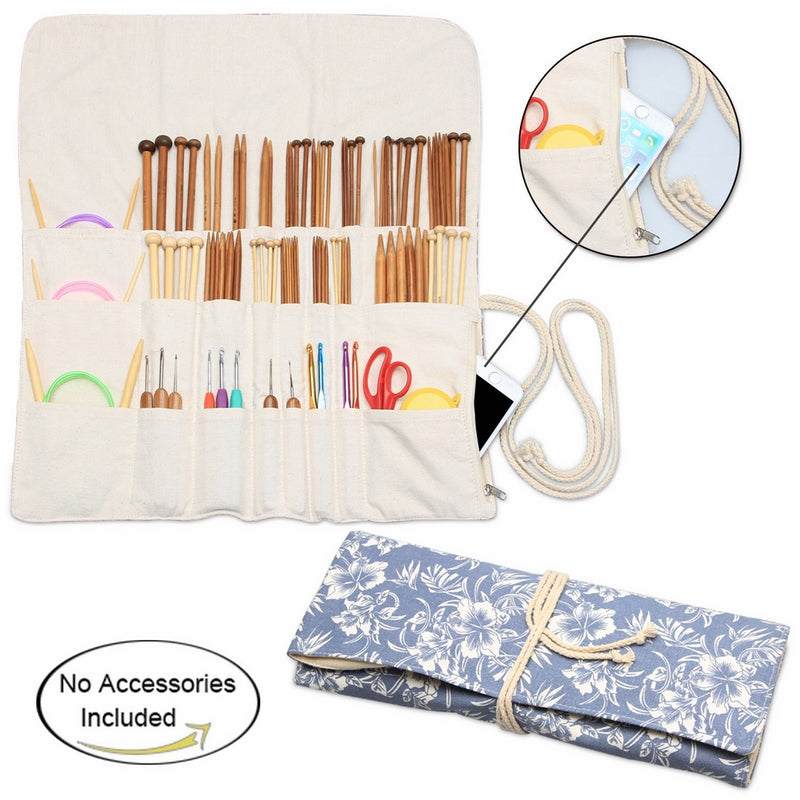 Teamoy Knitting Needles Holder Case(up to 14 Inches), Cotton Canvas Rolling Organizer for Straight and Circular Knitting Needles, Crochet Hooks and Accessories, Blue Flowers