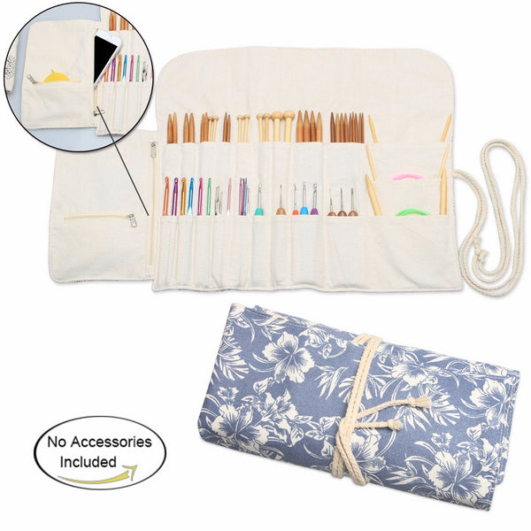Teamoy Knitting Needles Holder Case(up to 11 Inches), Cotton Canvas Rolling Organizer for Straight and Circular Knitting Needles, Crochet Hooks and Accessories, Blue Flowers -NO ACCESSORIES INCLUDED