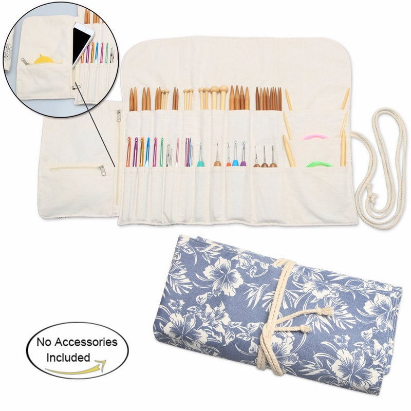 Teamoy Knitting Needles Holder Case(up to 11 Inches), Cotton Canvas Rolling Organizer for Straight and Circular Knitting Needles, Crochet Hooks and Accessories, Blue Flowers -NO ACCESSORIES INCLUDED