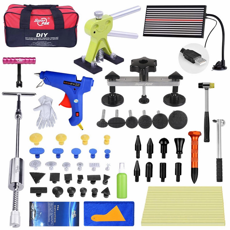 Super PDR 58Pcs NEW Paintless Dent Repair Tools Silver Bridge Puller Green Dent Lifter Auto Body Repair Kits With Hot Melt Glue Gun For Car Hail Damage And Door Dings Repair