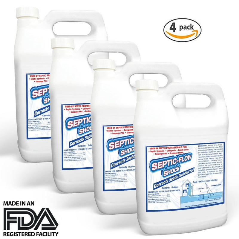 Septic-Flow Septic System Shock Repair- Unclogs Drainfields, Dissolves Deadpan and Hardened Soil, Full Tank Treatment (4) Gallon Set