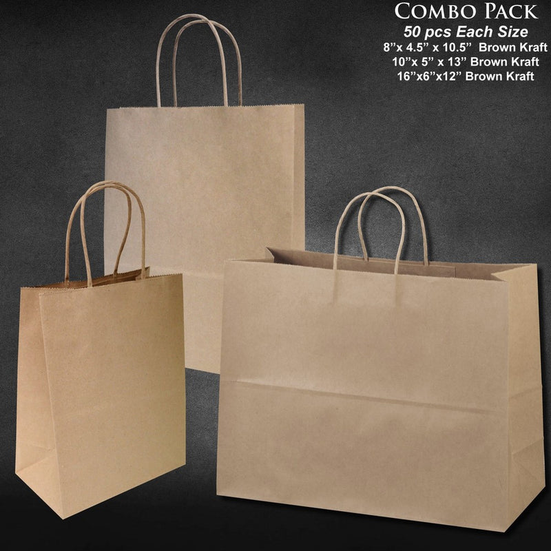 8"x4.75"x10"-10"x5"x13"-16"x6"x12" - 50 Pcs Each - Bagsource Brown Kraft Paper Bags 95% POST CONSUMER MATERIALS & FSC CERTIFIED