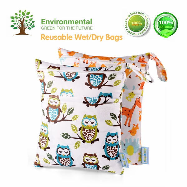 Wet Dry Bag Splice Cloth Diaper Wet Bags Waterproof Double Infant Stroller Travel Small Size Zipper Snap Handing for Swimwear Bathing Suit Baby Kids Reusable (Giraffe and Owls)