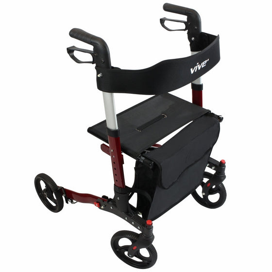 Folding Rollator Walker by Vive - 4 Wheel Medical Rolling Walker with Seat & Bag - Mobility Aid for Adult, Senior, Elderly & Handicap - Aluminum Transport Chair (Red)