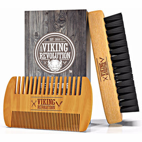 BEST DEAL Beard Brush and Comb Set for Men - Natural Boar Bristle Brush and Dual Action Pear Wood Comb w/Velvet Travel Pouch - Great for Grooming Beards and Mustache by Viking Revolution