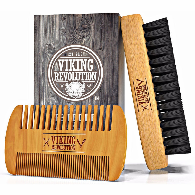 BEST DEAL Beard Brush and Comb Set for Men - Natural Boar Bristle Brush and Dual Action Pear Wood Comb w/Velvet Travel Pouch - Great for Grooming Beards and Mustache by Viking Revolution