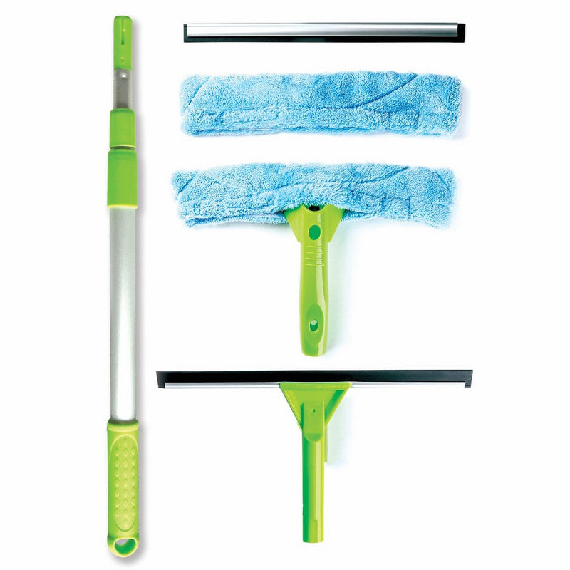 Telescopic Window Cleaning Kit with Super Squeegee and 3 Section Aluminum Extension Pole, Light Weight All-In-One 5 Piece Set - Microfiber Glass Washer (2), Soft Rubber Strip (2), Best for Windows