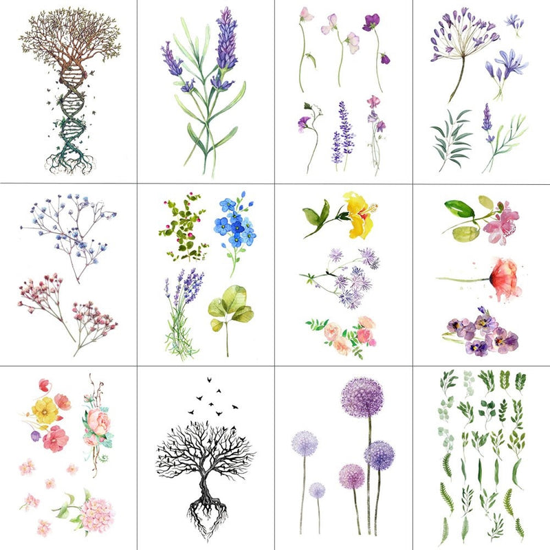 WYUEN 12 PCS/lot Flower Temporary Tattoo Sticker for Women Men Fake Tatoo Body Art Adult Waterproof Hand Stickers 9.8X6cm W12-04