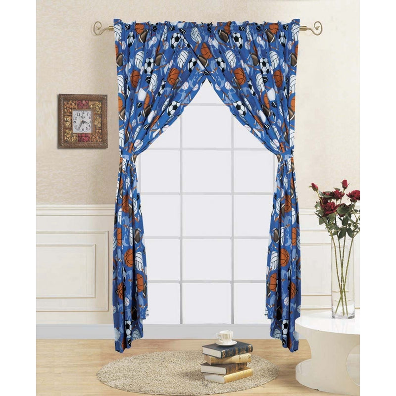 4 Piece curtain set: 2 panels 2 tie backs sports foot/basket/base ball print kids room