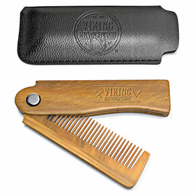BEST DEAL Folding Beard Comb w/Carrying Pouch for Men - All Natural Wooden Beard Comb w/Gift Box - Green Sandalwood Comb for Grooming & Combing Hair, Beards and Mustaches by Viking Revolution