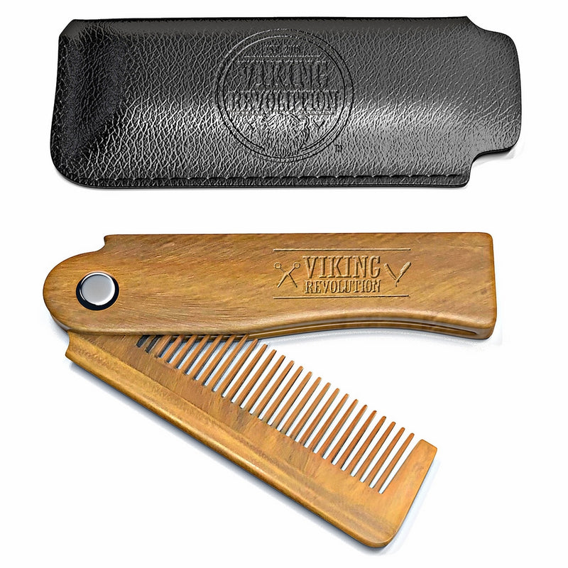 BEST DEAL Folding Beard Comb w/Carrying Pouch for Men - All Natural Wooden Beard Comb w/Gift Box - Green Sandalwood Comb for Grooming & Combing Hair, Beards and Mustaches by Viking Revolution