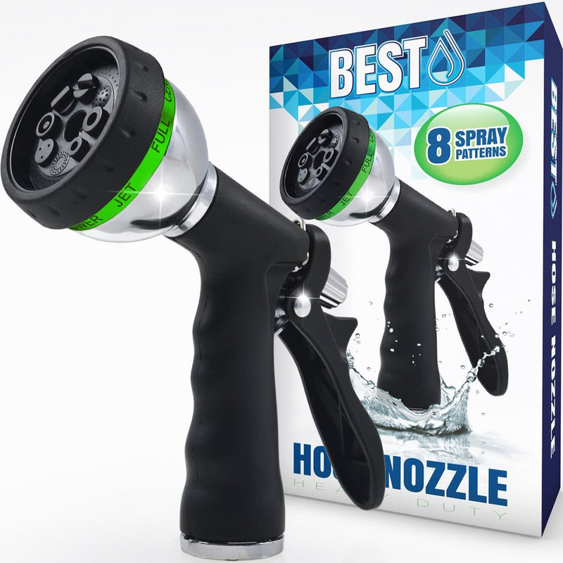 Best Garden Hose Nozzle (HIGH PRESSURE TECHNOLOGY) - 8 Way Spray Pattern - Jet, Mist, Shower, Flat, Full, Center, Cone, and Angel Water Sprayer Settings - Rear Trigger Design - Steel Chrome Design