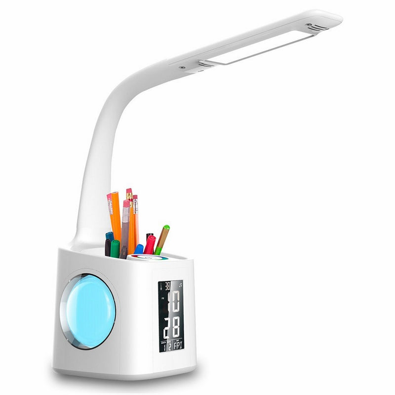 Led Desk Lamp Wanjiaone Desktop Lamp with USB Charging Port&Alarm Clock&Calendar&Pen Holder&Color Night Light, Girl Study Lamps for Kids, Eye Caring Table Lamp,10W White