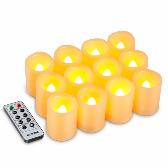 Kohree Flameless Battery Operated LED Pillar Candles Unscented Ivory Votive Remote Candles with Remote Control & Timer, Amber Yellow Flame(12 Set)