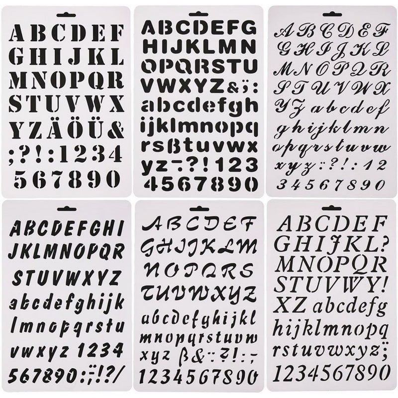 Qibote Plastic Letter Stencils Alphabet Number Drawing Painting Stencils Scale Template for Notebook, Diary, Scrapbook, Journaling, Graffiti, Card and Craft Projects, Set of 6