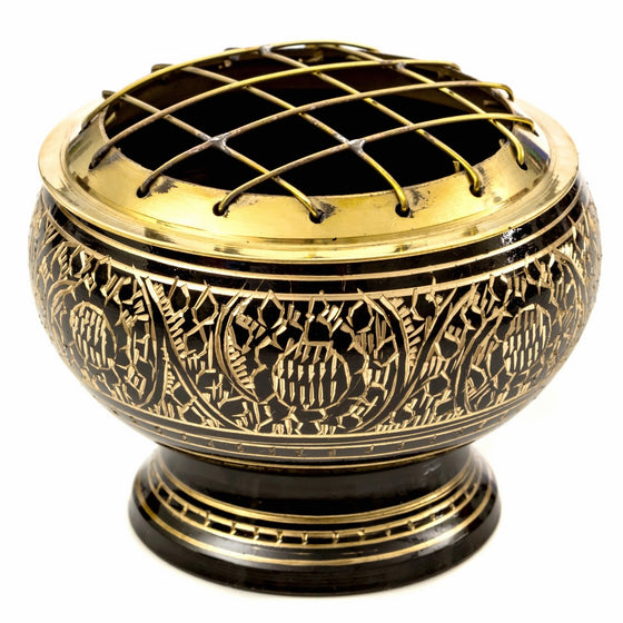 Beautiful Solid Brass Screen Burner with Golden Carving. Wood Coaster Is Included. An Artistic Carved Burner. (Black)