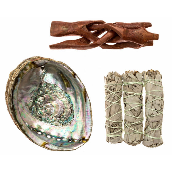 5-6" Premium Abalone Shell with Wooden Tripod Stand and 3 California White Sage Smudge Sticks for Incense Burning, Home Fragrance, Energy Clearing, Yoga, Meditation.