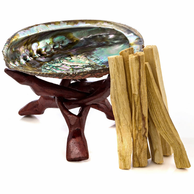 Premium Abalone Shell with Wooden Tripod Stand and 6 Palo Santo Sticks. Alternative Imagination Brand. (5" - 6" Abalone Shell)