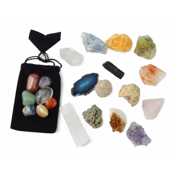 21 Healing Crystals and Chakra Kit: Amethyst, Selenite, Pyrite, Clear Quartz, Half Geode, Rose Quartz, Citrine, Desert Rose, Agate, Tourmaline and 4 Calcites (Red,Green,Blue,Orange) 7 Chakra Stones