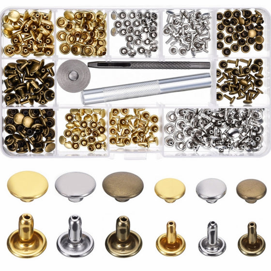 Bememo 180 Set 2 Sizes Leather Rivets Double Cap Rivet Tubular Metal Studs with 3 Pieces Fixing Tool for DIY Leather Craft, Rivets Replacement, 3 Colors (Gold, Silver and Bronze)