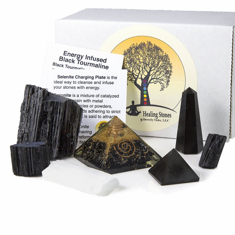 Beverly Oaks Charged Black Tourmaline Crystal Complete Kit - Tourmaline Stone For EMF Protection and Grounding - Three Raw Tourmaline Chunks, Orgonite Pyramid, Selenite, Gemstone Pyramid and Obelisk