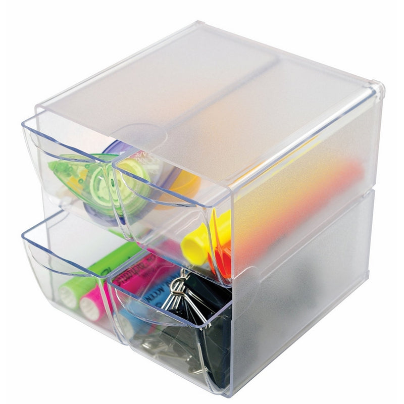 Deflecto Stackable Cube Organizer, Desk and Craft Organizer, 4 Drawers, Clear, Removable Drawers and Dividers, 6"W x 6"H x 7 1/8"D (350301CR)