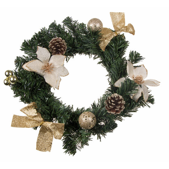 Christmas Wreath with White Poinsettia, Snow Covered Pine Cones, Gold Bows and Ornaments | Perfect for Interior or Exterior Christmas Decor | Hang on Doors, Walls, Stairs and More! | 10”x10”x3”