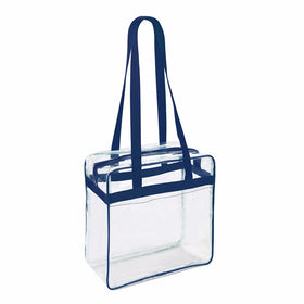Clear 12 x 12 x 6 NFL Stadium / PGA Approved Tote Bag with 35" Handles and Side Pocket - Navy Trim