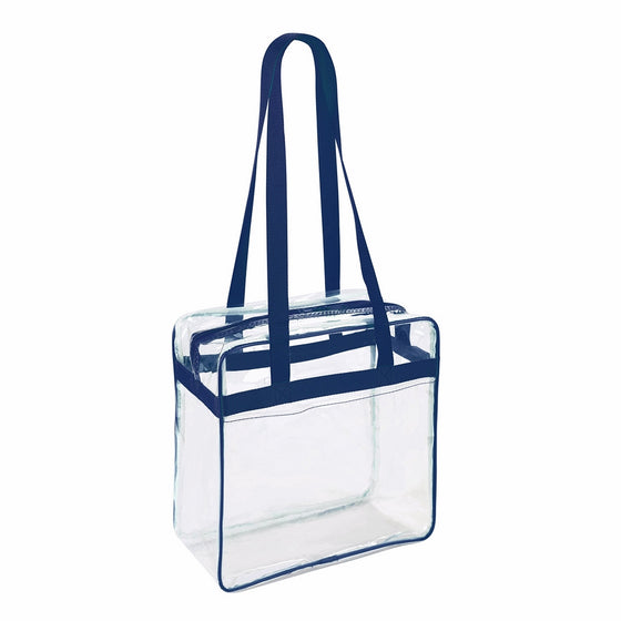Clear 12 x 12 x 6 NFL Stadium / PGA Approved Tote Bag with 35" Handles and Side Pocket - Navy Trim