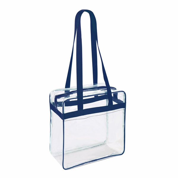 Clear 12 x 12 x 6 NFL Stadium / PGA Approved Tote Bag with 35" Handles and Side Pocket - Navy Trim
