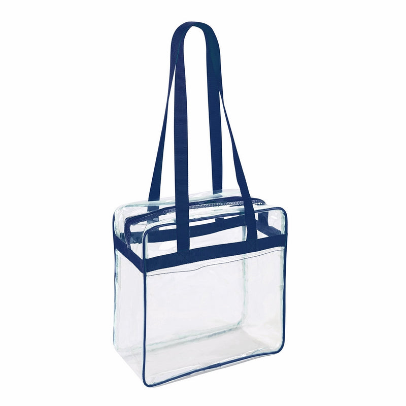 Clear 12 x 12 x 6 NFL Stadium / PGA Approved Tote Bag with 35" Handles and Side Pocket - Navy Trim