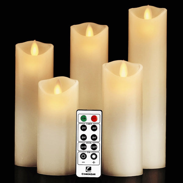 comenzar Flameless Candles, Battery Candles Set (H 5" 6" 7" 8" 9" x D 2.2") Real Wax Pillar Led Candles with Remote Timer (Ivory White)