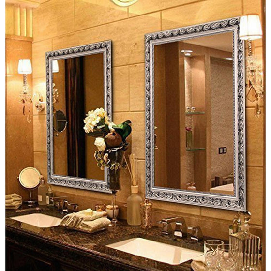 Large Rectangular Bathroom Mirror, Wall-Mounted Wooden Frame Vanity Mirror, Silver (38"x26")