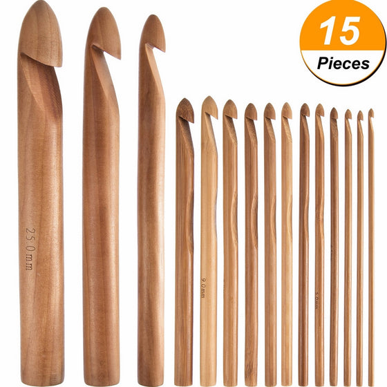 Hestya 15 Pieces Wooden Bamboo Crochet Hooks Set Handcrafted Knitting Needles Weave Yarn Craft, 3 to 25 mm in Diameters