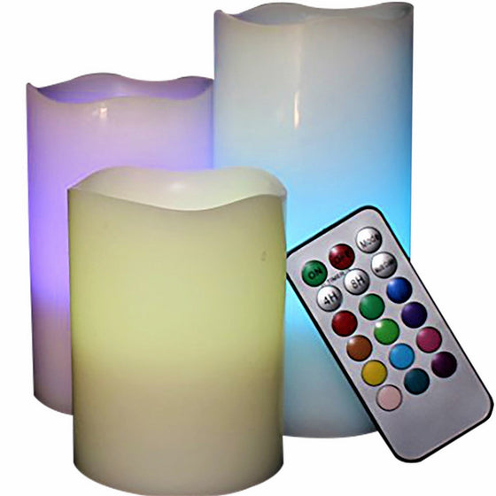 LED Lytes Flickering Flameless Candles - Battery Operated Candles Vanilla Scented Set of 3 Round Ivory Wax with Flickering Multi Colored Flame, auto-off Timer Remote Control For Weddings and Gifts