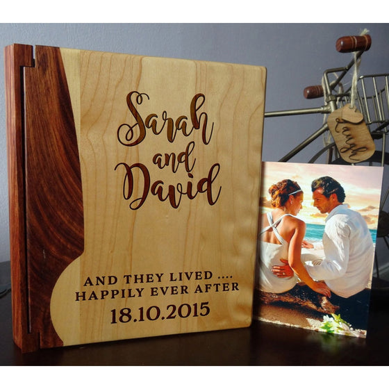 Personalized Wood Cover Photo Album, Custom Engraved Wedding Album, Style 102 (Maple & Rosewood Cover)