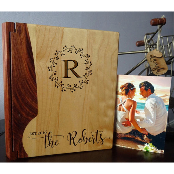 Personalized Wood Cover Photo Album, Custom Engraved Family Monogram Wedding Album, Style 176 (Maple & Rosewood Cover)