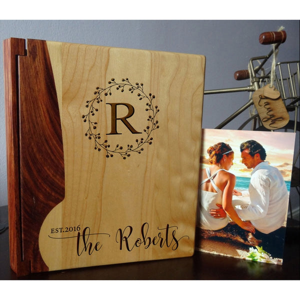 Personalized Wood Cover Photo Album, Custom Engraved Family Monogram Wedding Album, Style 176 (Maple & Rosewood Cover)