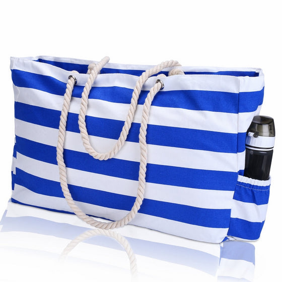 KUAK Beach Bag, Extra Large Blue Striped Canvas Beach Tote with 100% Waterproof Phone Case, Top Zipper, Cotton Rope Handles, Two Elastic Outside Pockets, Key Holder, Bottle Opener, 22" x 15" x 6"