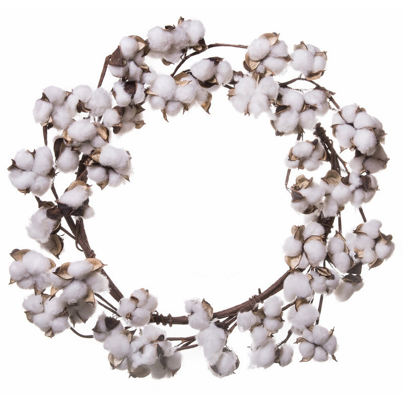 Farmhouse Full White Fluffy Cotton Boll Wreath Stem Branches - Welcome Home Decor Floral Artificial Wreath Bouquet for Front Door, Wall, Hallway & Entryway - 20-26 Inches