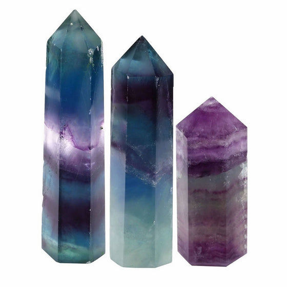 QGEM Set of 3 Natural Fluorite Self Standing Healing Crystal Point Wand Faceted Prism Wand Carved Reiki Stone Figurine with Box Gift