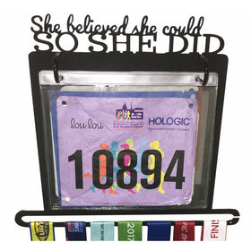 Race Bib and Medal Display - "She Believed She Could So She Did" Hanging and Race Medal Hanger (solid metal)