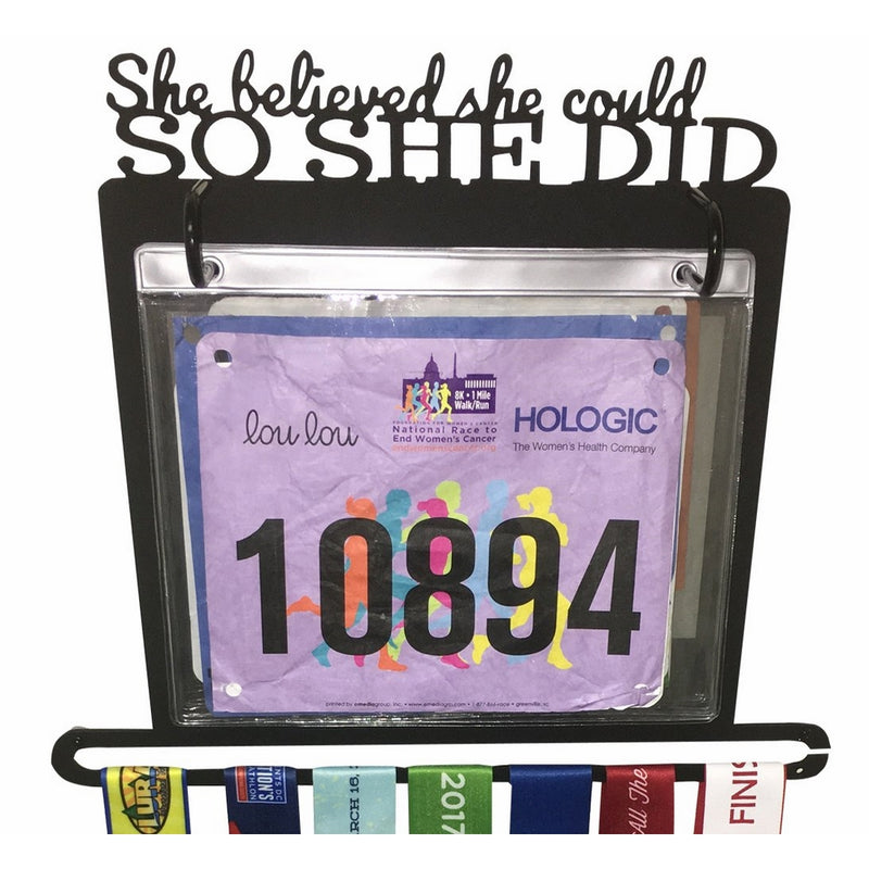 Race Bib and Medal Display - "She Believed She Could So She Did" Hanging and Race Medal Hanger (solid metal)