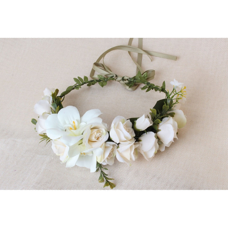 Sunrisee Flower Headband Artificial Floral Crown Wreath with Adjustable Ribbon for Wedding Festivals, White