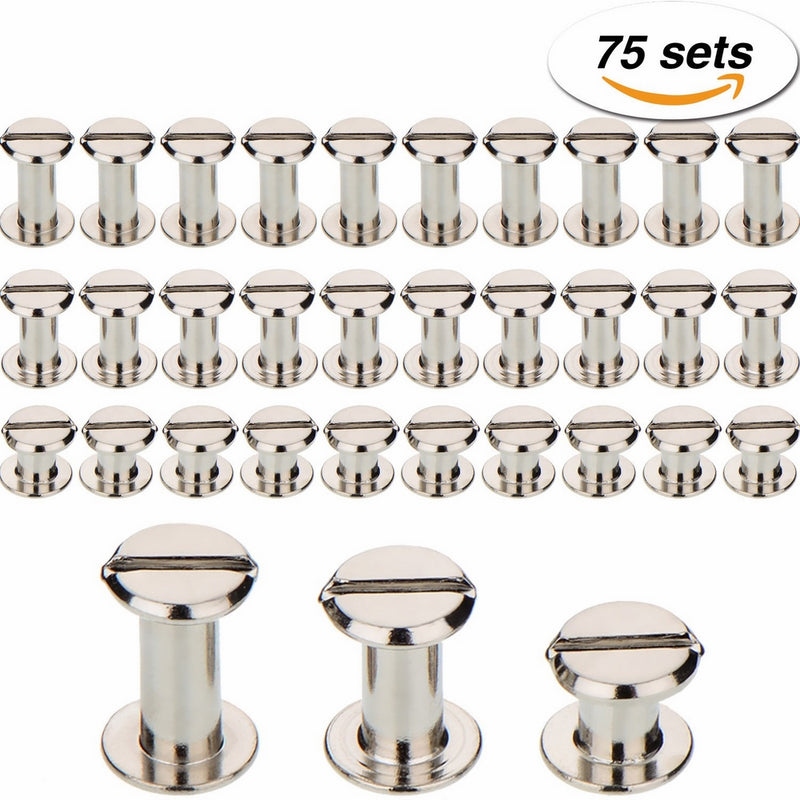 TecUnite Screw Post Metal Chicago Screws Binding Screw Leather Screw Nail Rivet Button Solid Belt Tack Screw, 1/4, 3/8 and 1/2 Inch, Silvery (75)